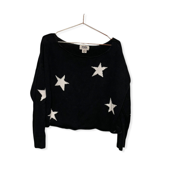 Pink Victoria Secret Cropped Off-The-Shoulder Sweater Black Star Print Medium - Picture 2 of 9